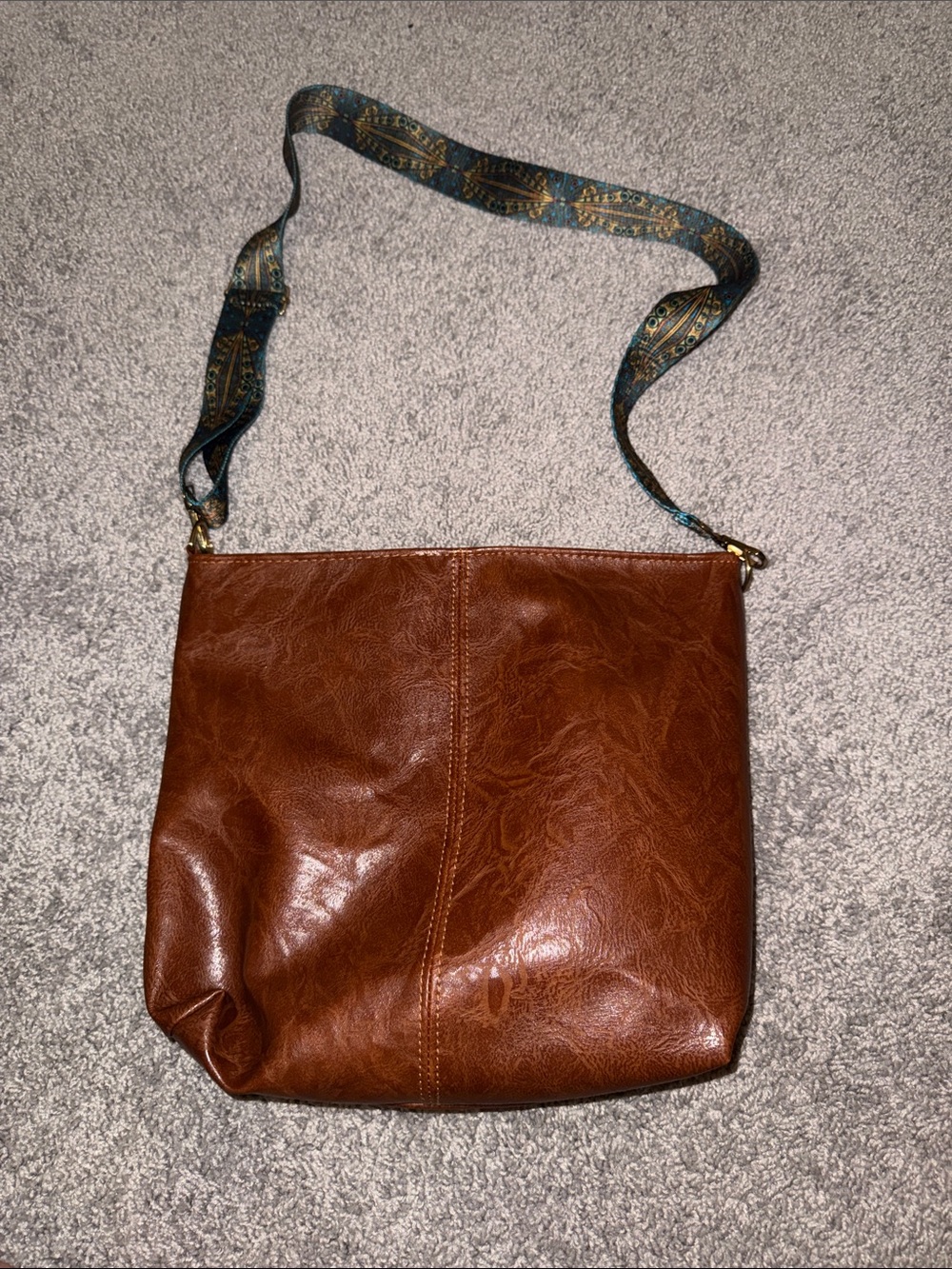 Brown Leather Crossbody Bag with Patterned Web Strap